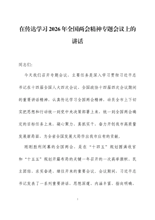 在传达学习2026年全国两会精神专题会议上的讲话两篇.docx