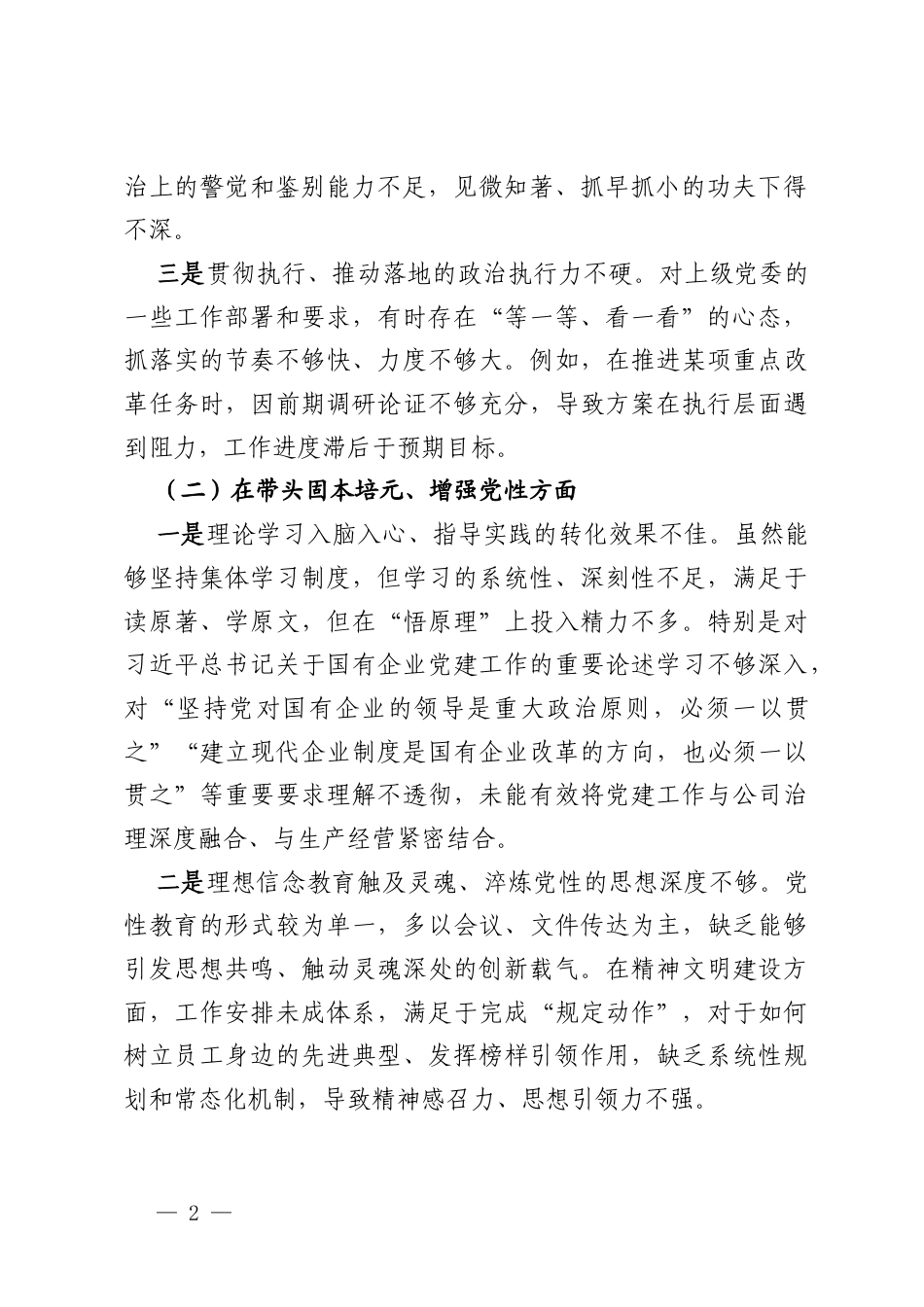 公司2025年度民主生活会领导班子对照检查材料.docx_第2页