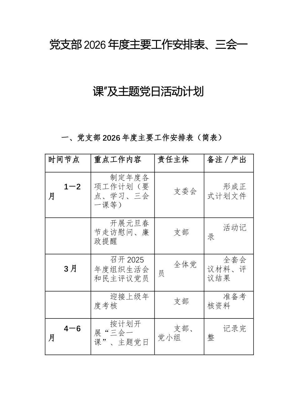 党支部2026年度主要工作安排表、三会一课”及主题党日活动计划范文2份.docx_第1页