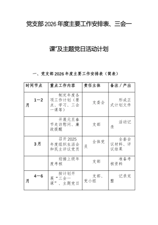 党支部2026年度主要工作安排表、三会一课”及主题党日活动计划范文2份.docx