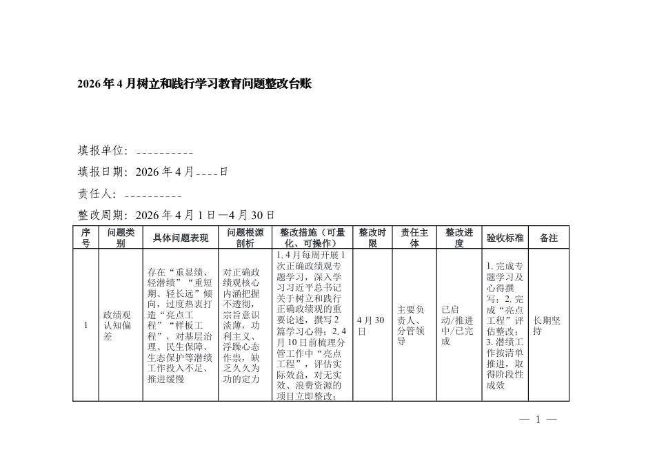 2026年4月树立和践行学习教育问题整改台账（6个方面）.docx_第1页