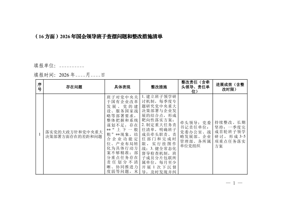 （16方面）2026年国企领导班子查摆问题和整改措施清单.docx_第1页