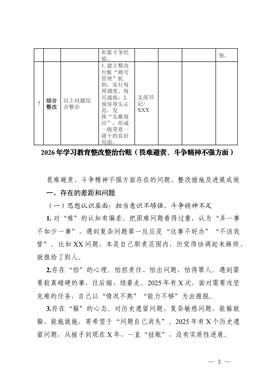 2026年学习教育整改整治台账（畏难避责、斗争精神不强方面存在的问题、整改措施及进展成效）.docx_第3页