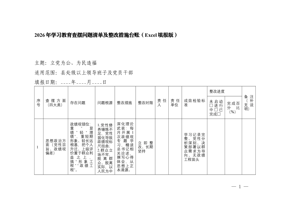 （（四大类）19条）2026年学习教育查摆问题清单及整改措施台账（Excel填报版）.docx_第1页