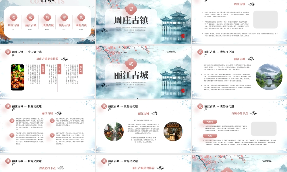 中国古镇古城旅游攻略周庄古镇丽江古城凤凰古城镇远古镇西塘古镇.pptx