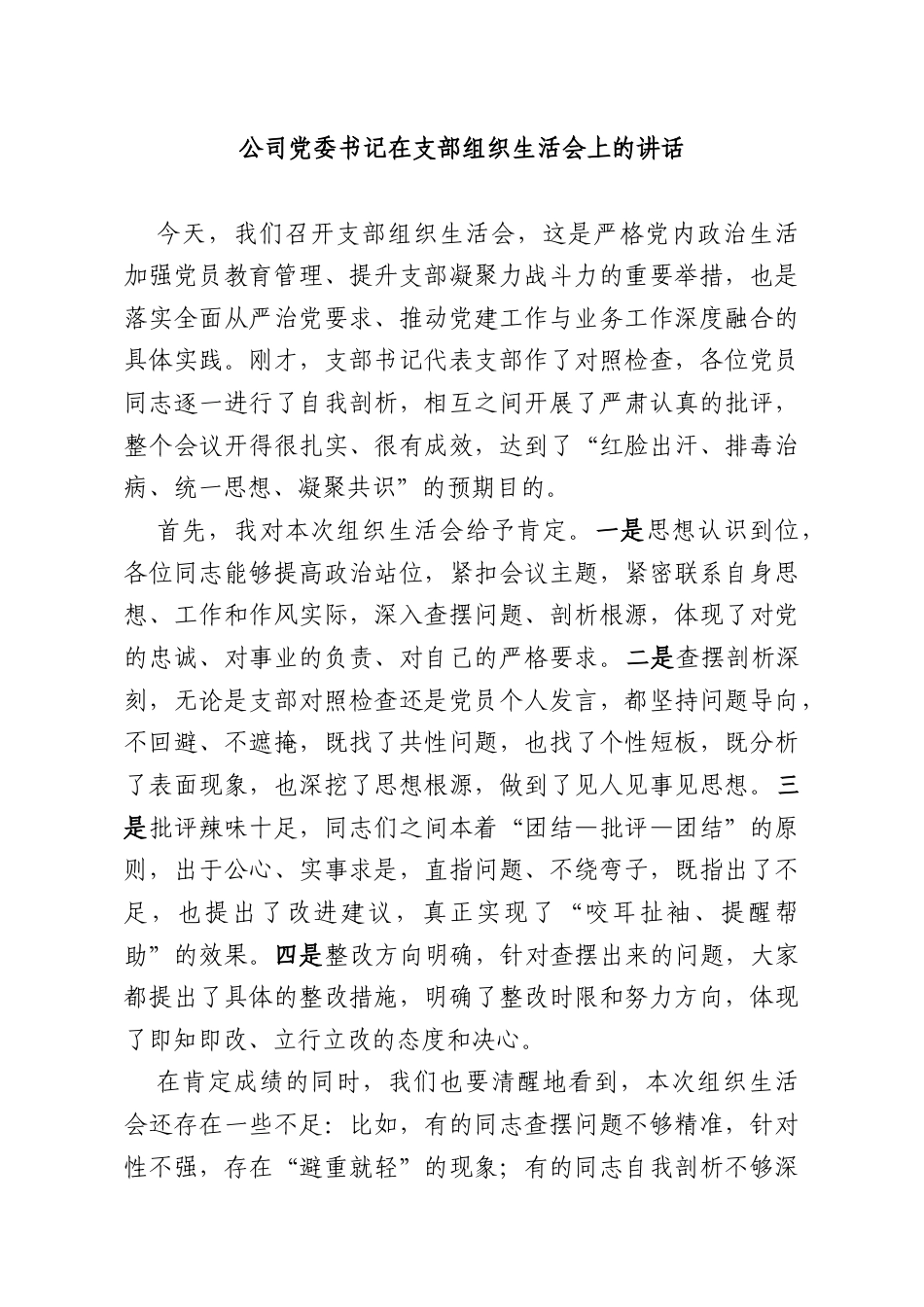 公司党委书记在支部组织生活会上的讲话.docx_第1页