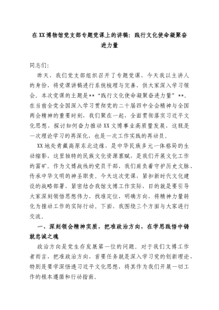在XX博物馆党支部专题党课上的讲稿：践行文化使命凝聚奋进力量.docx