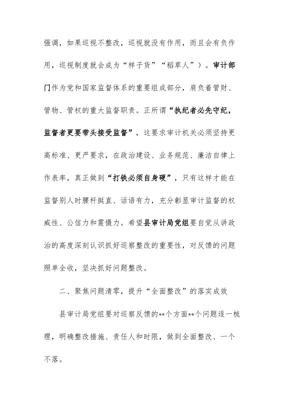 领导干部在2026年巡察组巡察审计机关党组情况反馈会上的讲话提纲范文.docx_第2页