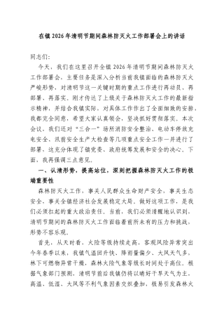 在镇2026年清明节期间森林防灭火工作部署会上的讲话.docx