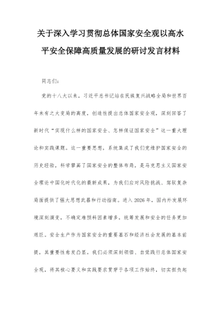 关于深入学习贯彻总体国家安全观以高水平安全保障高质量发展的研讨发言材料.docx