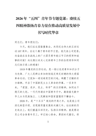 2026年“五四”青年节专题党课：赓续五四精神激扬青春力量在推动高质量发展中书写时代华章.docx