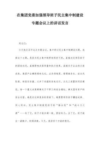 在集团党委加强领导班子民主集中制建设专题会议上的讲话发言.docx