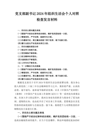 党支部副书记（2024年）组织生活会个人对照检查发言材料.docx