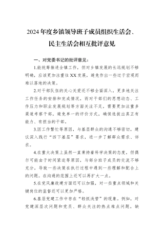 2024年度乡镇领导班子成员组织生活会、民主生活会相互批评意见.docx