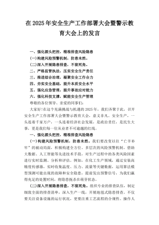 在（2025年）安全生产工作部署大会暨警示教育大会上的发言.docx