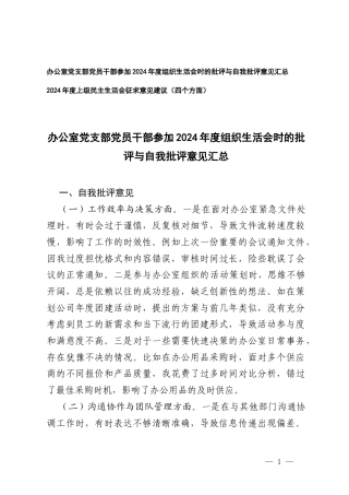 2025年办公室党支部党员干部参加组织生活会时的批评与自我批评意见+上级民主生活会征求意见建议（四个方面）.docx