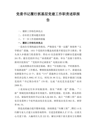 党委书记履行抓基层党建工作职责述职 报告.docx