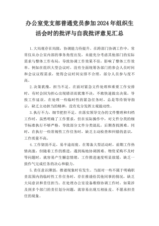 办公室党支部普通党员参加（2024年）组织生活会时的批评与自我批评意见汇总.docx