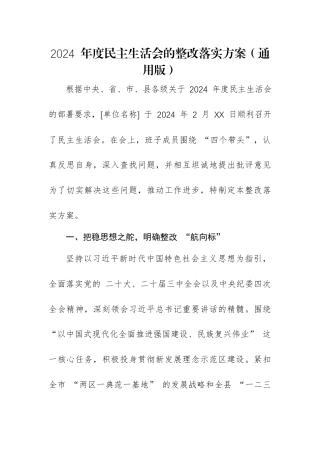 2024 年度民主生活会的整改落实方案（四个带头通用版）.docx