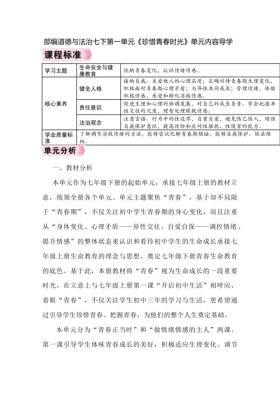 部编道德与法治七下第一单元《珍惜青春时光》单元内容导学.docx_第1页