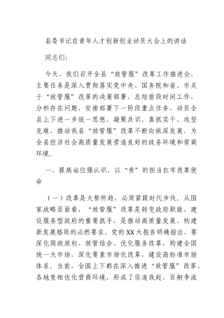 书记在青年人才创新创业动员大会上的讲话.docx