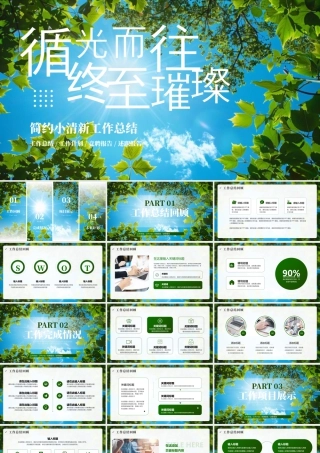 蓝天绿叶背景的“循光而往终至璀璨”简约小清新工作总结.pptx