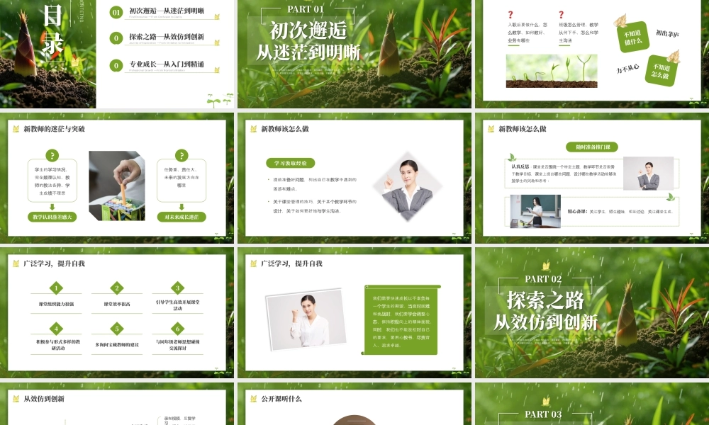 绿色竹笋小草背景的“向下扎根向上生长”青年教师成长之路经验分享交流.pptx