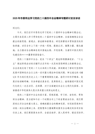 2025年传达学习党的二十届四次全会精神专题研讨发言讲话.docx