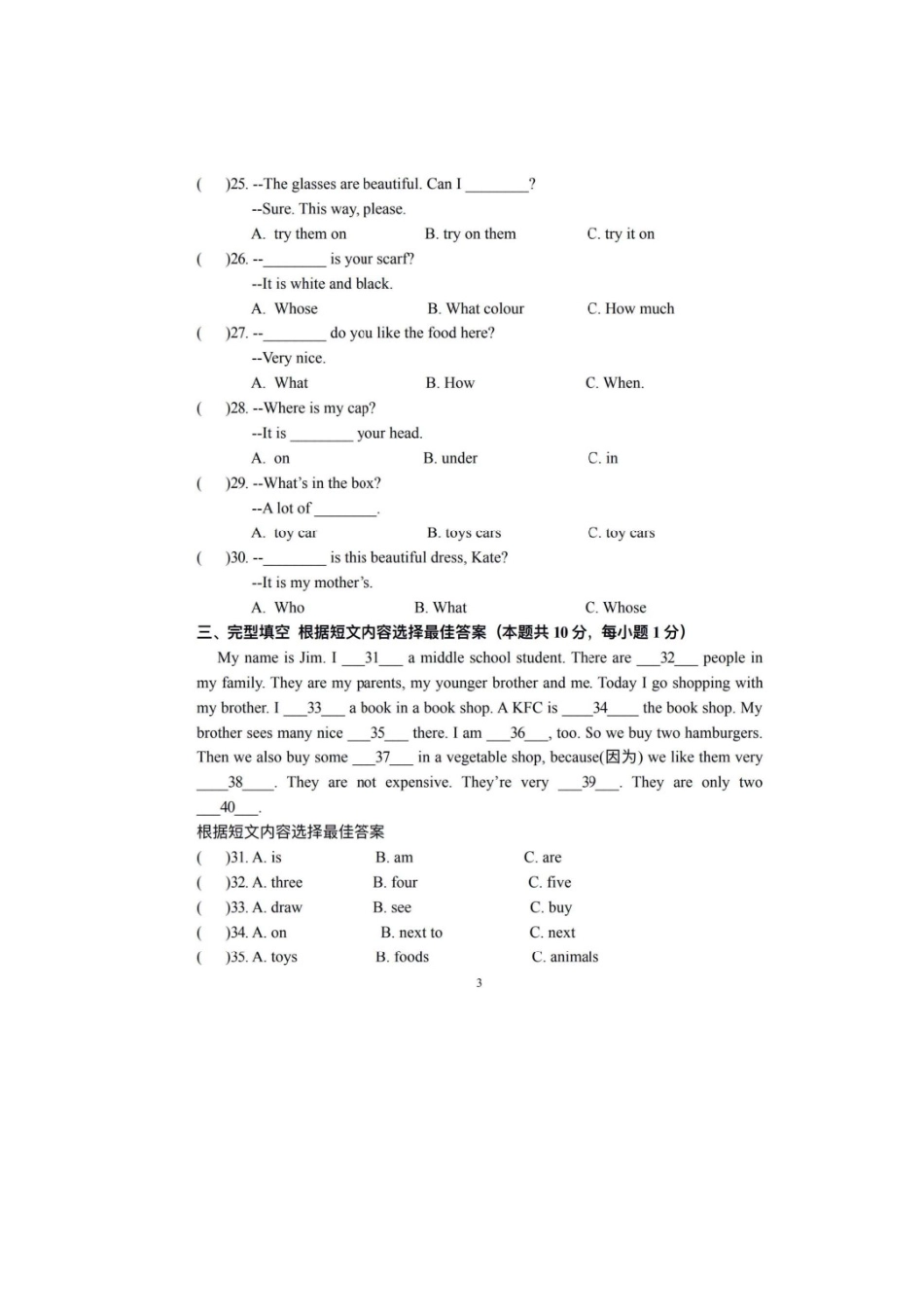 2025年风华中学六年级英语期中测试卷.docx_第3页