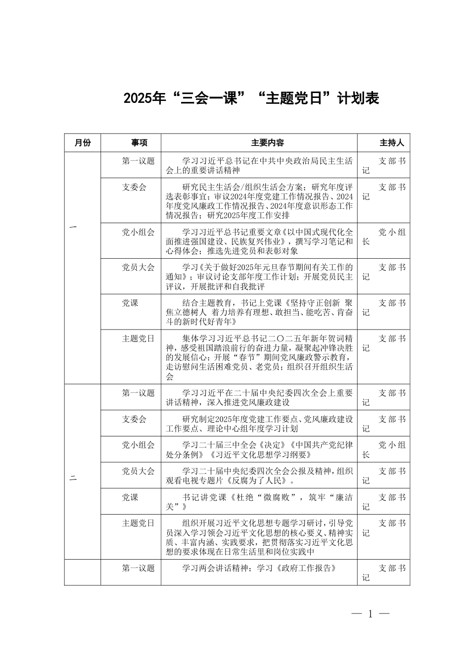 2025年“三会一课”“主题党日”计划表+2025年党支部主题党日活动计划表.doc_第1页