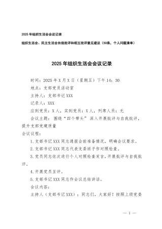 2025年组织生活会会议记录+组织生活会、民主生活会自我批评和相互批评意见建议个人问题清单.pdf