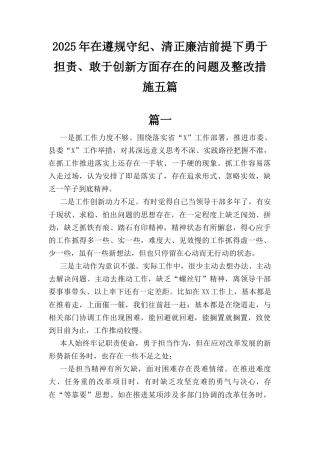 五篇2025年在遵规守纪、清正廉洁前提下勇于担责、敢于创新方面存在的问题及整改措施.docx