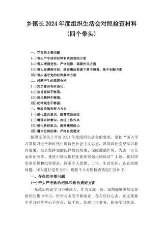 乡镇长2024年度组织生活会对照检查材料 （四个带头）.docx