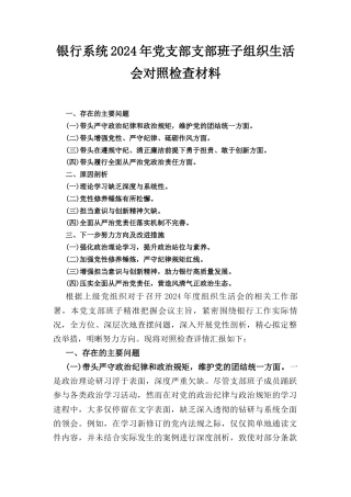 银行系统(2024年)党支部支部班子组织生活会对照检查材料.docx