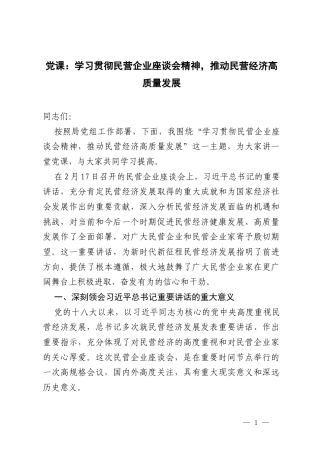 2025年学习贯彻民营企业座谈会精神推动民营经济高质量发展党课讲稿.docx